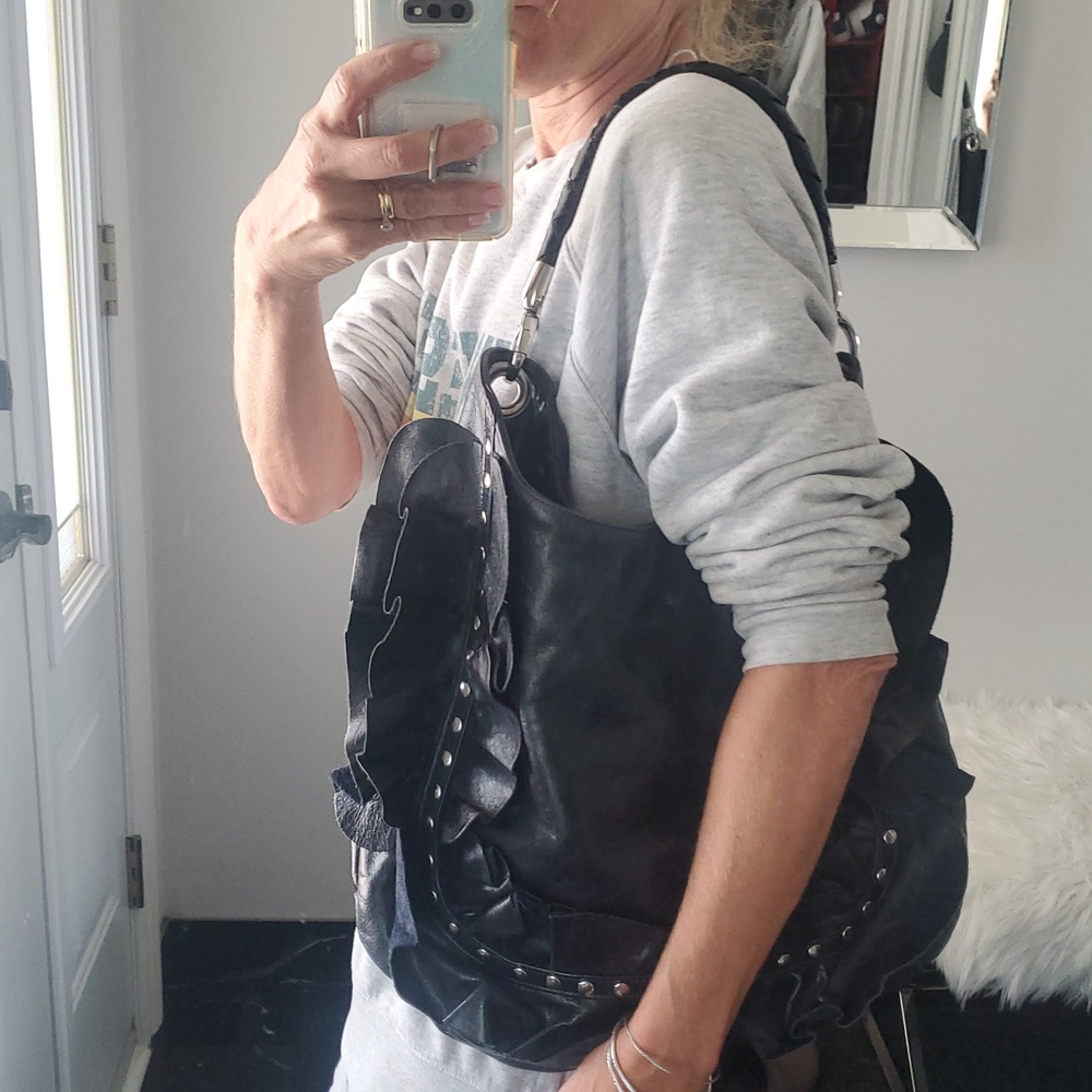 Vintage Susan Farber Black Real Leather Studded Ruffle Hobo Shoulder Bag
